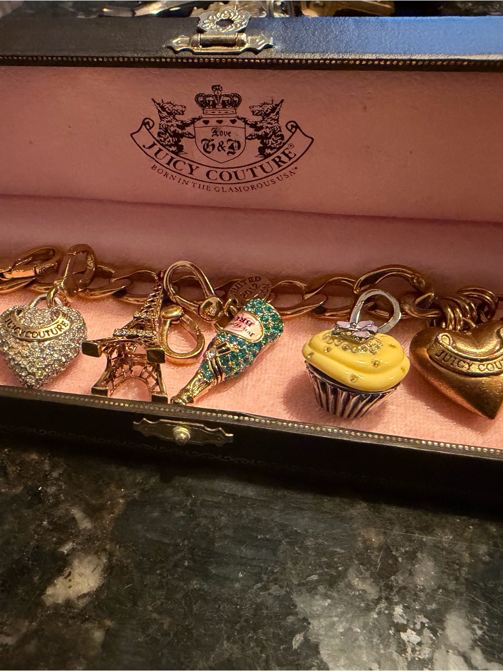 Vintage Juicy Couture Charm Bracelet + 5 Retired Charms & Original Box- Rare Y2K